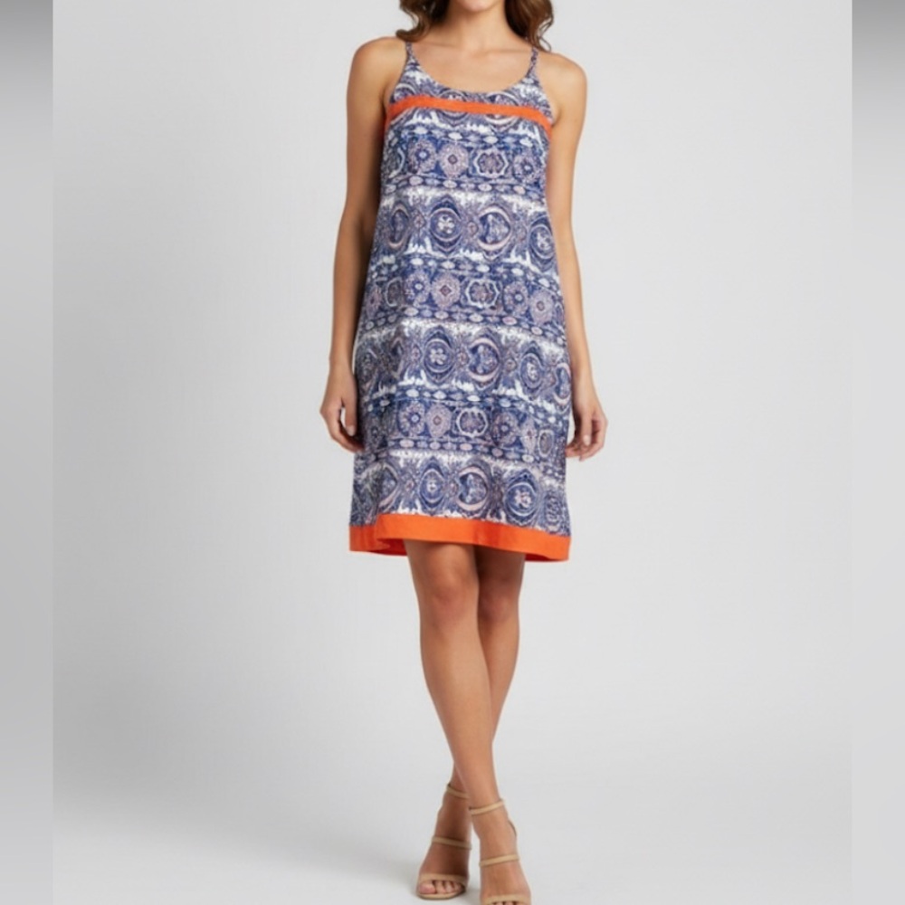 Anthropologie TMHL Luceea Blue Coral Orange Print Sleeveless Shift Mini …
